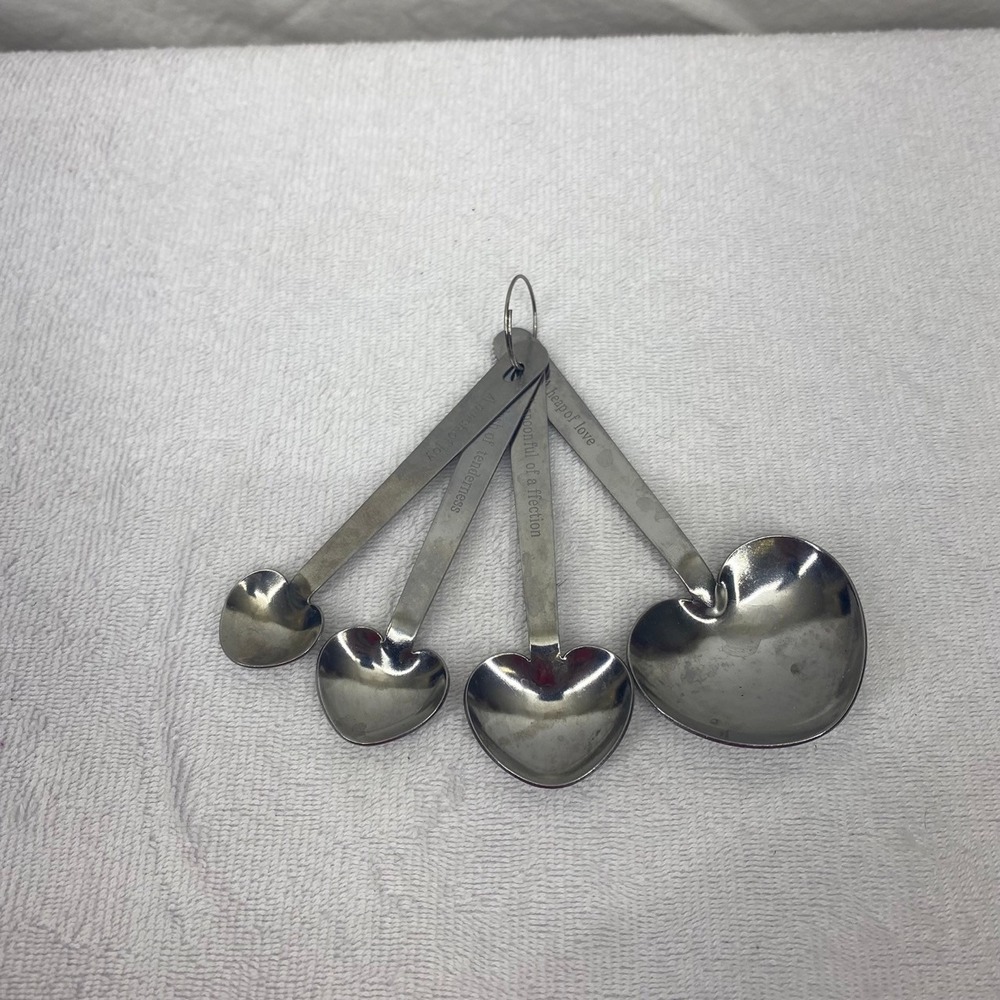 Heart Shaped Stainless Steel Measuring Spoons Set Engraved Love Sentiments 4pc